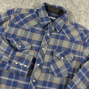 Wrangler Western Shirt Mens Large Blue Brown Plaid Pearl Snap Flannel Cowboy L